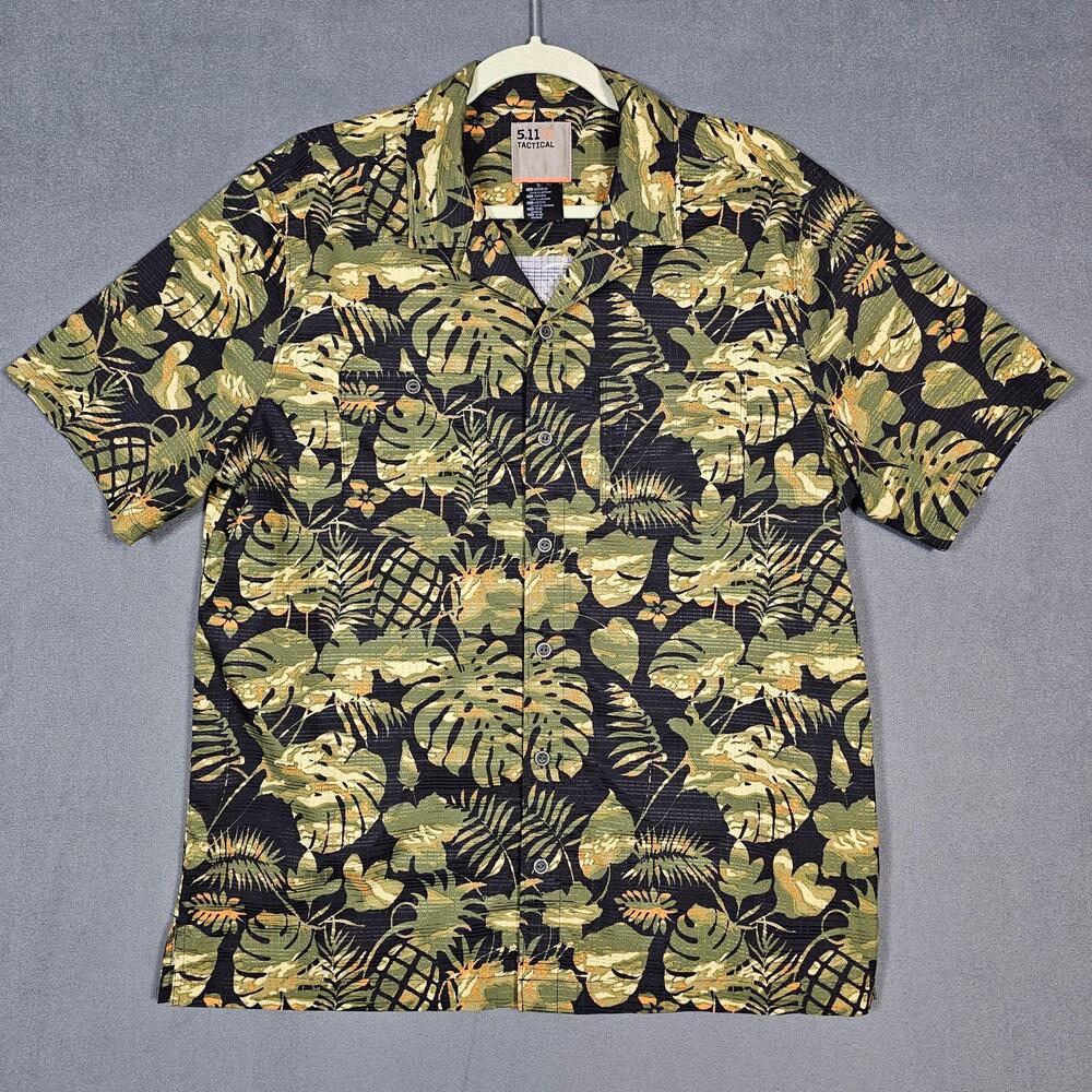 5.11 Tactical Shirt Mens Medium Green Floral Hawaiian Short Sleeve Button Up
